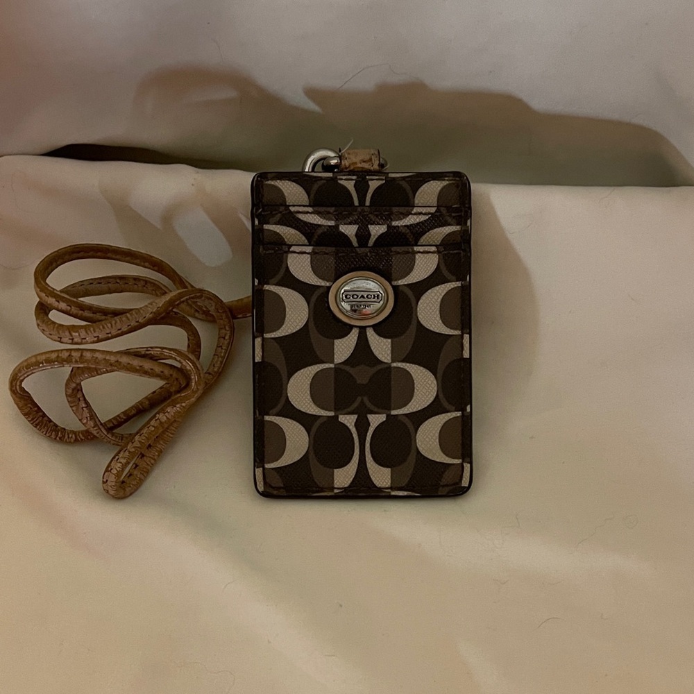 Coach Signature Black and Brown Card and Badge Holder with Lanyard Coach